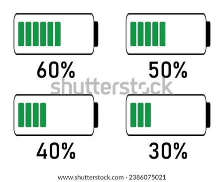 20 to 10 percentage infographics full battery charge, energy level, progress, growth, power vector sign symbols.