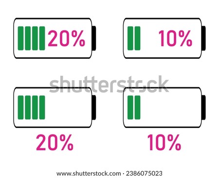 20 to 10 percentage infographics full battery charge, energy level, progress, growth, power vector sign symbols.