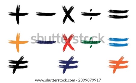 Mathematical vector brushes symbolize plus, minus, multiplication, equal not equal sign symbol and division. scientific resources for teachers and students.