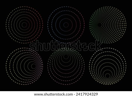 Colorful circles dotted lines, converging circular rings of dashed line circles.