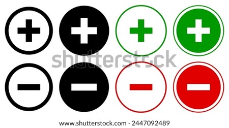 Round plus sign and minus sign icons set. Positive and negative symbols vector.