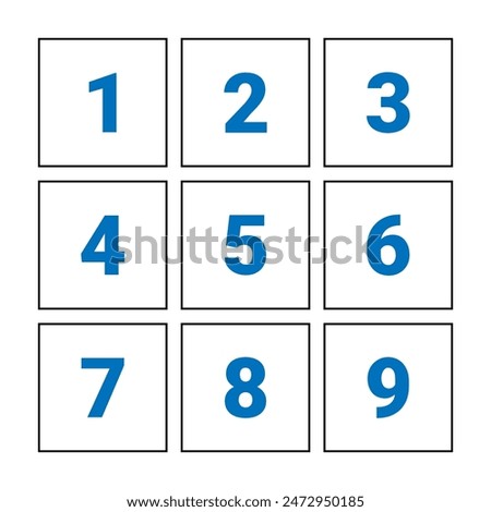Square divided in 9 parts 3x3 grid black stroke with numeric 1 to 9 illustration.