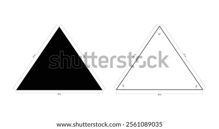 Isosceles triangle with dimensions. Isosceles triangle shape in geometry. Isosceles triangle icon.