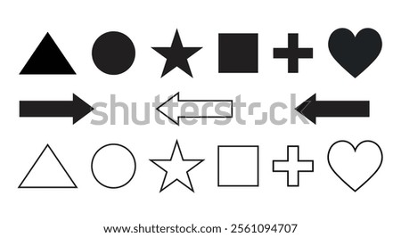 Basic geometric shapes, including triangles, circles, stars, squares, plus signs, and hearts, rendered in both black solid fill and white outlines.