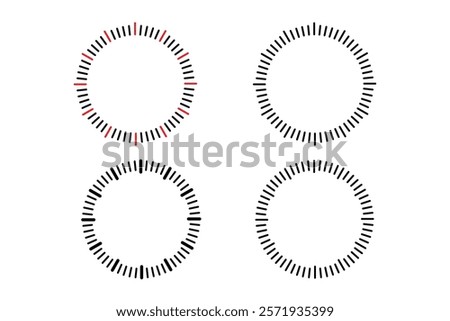 Circular frame with radiating lines mechanical clock face divided into seconds and minutes.