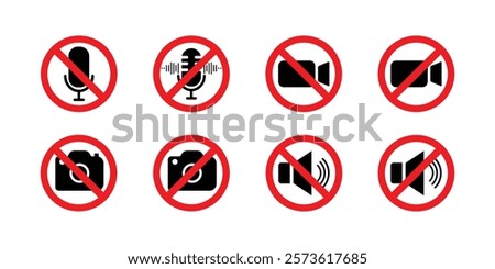 Set of red prohibition signs with black icons indicating no audio, no microphone, no camera, no video.