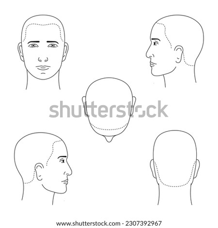 Isolated vector black and white male heads in different projections. Face and hair growth line