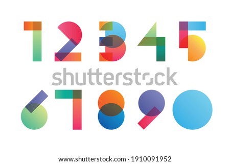 Colorful gradient overlapping transparent shapes numerals from 1 to 0