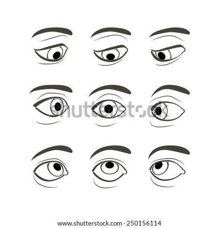 Set of Eyes Positions. Front View of the Right Human Eye in Nine View Modes: Front, Sides (Left and Right), Up, Down, Up and Sides(Left and Right), Down and Sides(Left and Right)