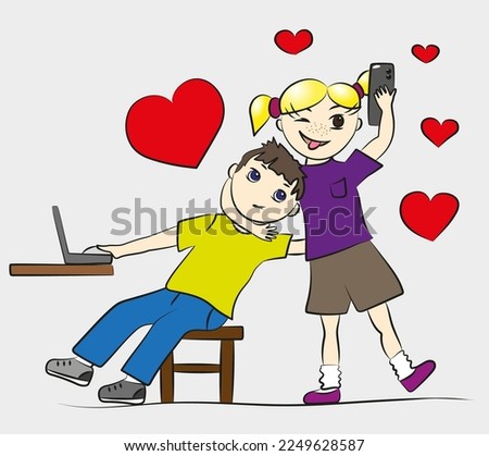 Funny and mischievous cartoon girl hugs boyfriend's neck and takes a selfie, love picture, cute characters, hearts, mi-mi-mi Zdjęcia stock © 