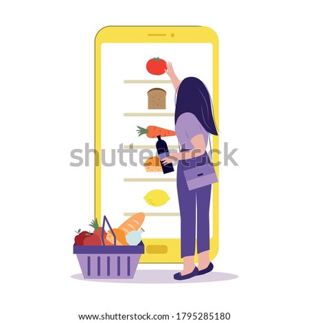 Online grocery store, shopping concept. Order food by Internet. Girl chooses products on the screen phone and puts in the basket. Cartoon vector illustration isolated on white background