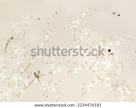 Decorative flowering tree with flying cranes. Mural, Wallpaper for interior design. Stockfoto © 