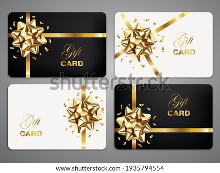 White and black gift cards with golden bow and confetti. Greeting card templates set. Vector illustration.