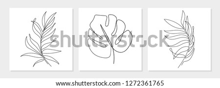 One line drawing vector monstera leaf and palm tree leaves. Modern single line art, aesthetic contour. Perfect for home decor such as posters, wall art, tote bag or t-shirt print, sticker, mobile case