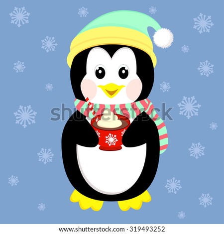 Cute Penguin Drinking Coffee, Lovely Christmas Illustration - 319493252 ...