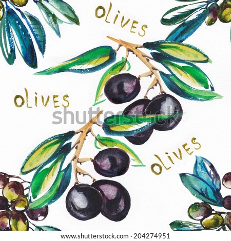 Seamless surface with branches of the olive tree, written by water color paints.