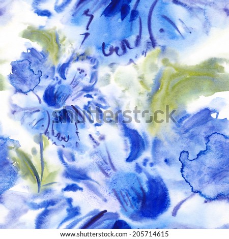 Seamless surface from exotic leaves and the bright flowers, written by water color paints.