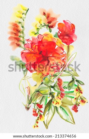 Bright exotic bouquet from flowers and the leaves, drawn with water color paints.