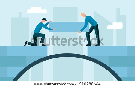 illustration of two people who are building a bridge in a metropolis