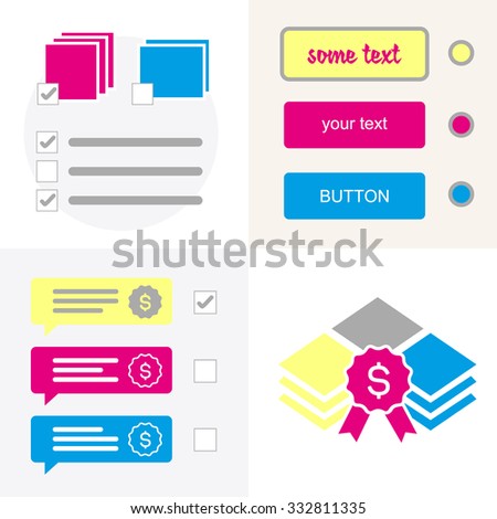 Button and icon best price and choice of format, paper stock info-graphic form filling, customer choice, chat messages, vector elements for design.