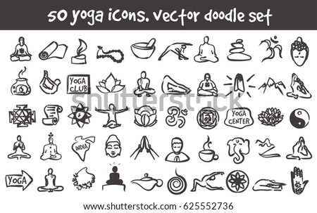 Vector doodle yoga icons set. Stock cartoon signs for design.