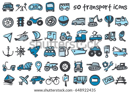 Vector doodle transport icons set. Stock cartoon signs for design.