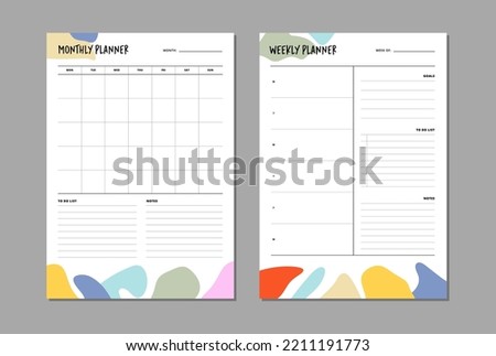 Monthly and weekly planner insert to diary, planner, organizer. Template with to do list, goals and notes section. Colorful abstract vector illustration.