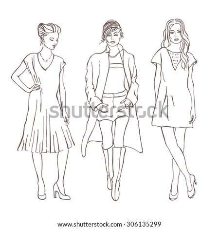 Women Fashion Models, Vector Sketch Style Drawing - 306135299 ...