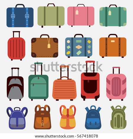 Icons luggage. Flat style. Suitcases and backpacks. Vector illustration.