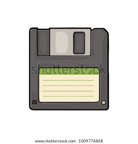 Floppy disk with blank label for personal computer. Vintage engraving vector color illustration. Isolated on white background. Hand drawn design element for label and poster