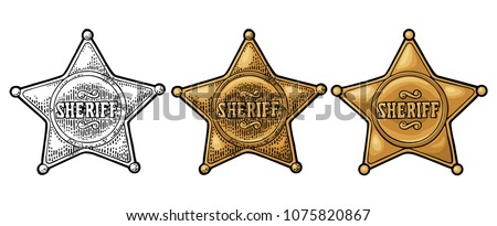 Sheriff star. Vintage color vector engraving illustration for western poster, web, police badge. Isolated on white background.