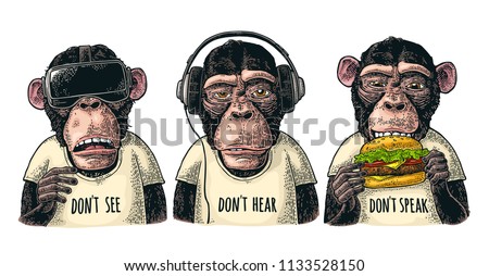 Three wise monkeys in headphones, virtual reality headset,and burger. Not see, not hear, not speak. Vintage color engraving illustration for poster. Isolated on white background