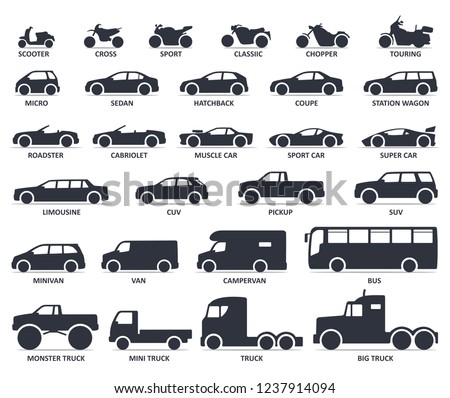 Car and Motorcycle type icons set. Vector black illustration isolated on white background with shadow. Variants of model automobile and moto body silhouette for web with title.