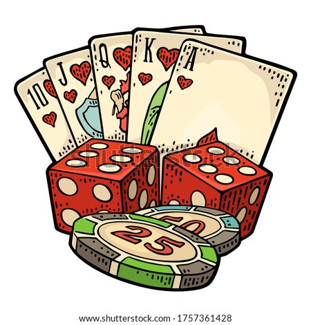Casino set. Royal straight flush playing cards in hearts, poker chips, dice. Vector vintage color engraving isolated on white background. Hand drawn design element for poster