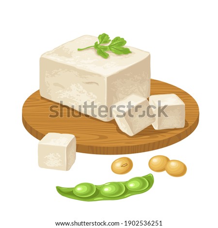 Tofu on wood board and open soybean pod. Vector color flat icon for menu, poster, label. Isolated on white background. Vector color illustration for menu, poster, label. Isolated on white background