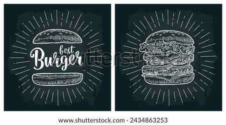 Double cheeseburger include cutlet, tomato, cheese, cucumber and salad with rays. Vector white vintage engraving illustration on dark chalkboard. Best burger lettering