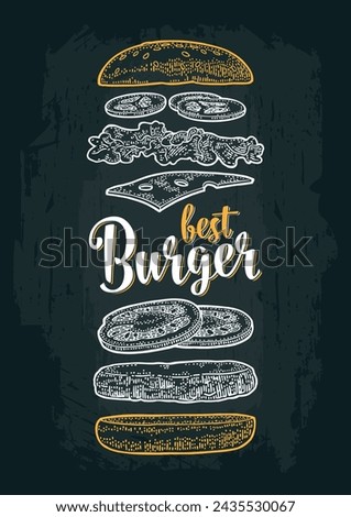 Double cheeseburger  with flying ingredients include bun, tomato, salad, cheese, onion, cucumber. Best burger lettering. Vector white vintage engraving illustration isolated on dark