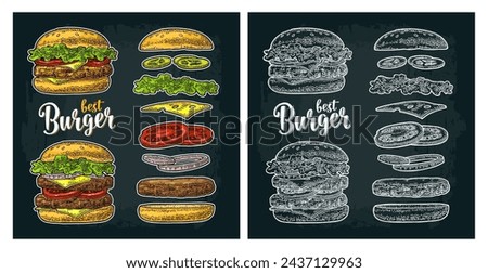 Double and classic burger with flying ingredients include bun, tomato, salad, cheese, onion, cucumber. Best burger lettering. Vector color vintage engraving illustration isolated on dark