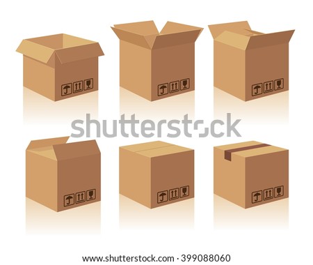 Carton delivery packaging open and closed box with fragile signs. Vector illustration isolatedon white background for web, icon, info graphic.