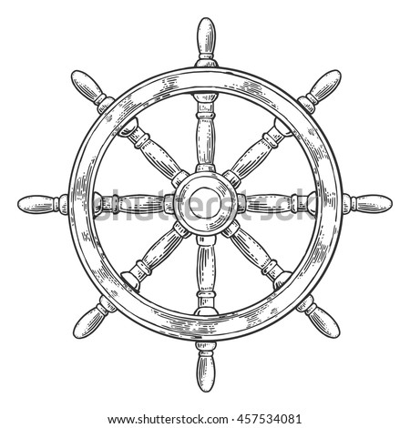 Ship wheel isolated on white background. Vector vintage engraving illustration for poster and web.