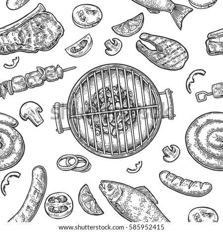 Seamless pattern barbecue grill. Top view with charcoal, mushroom, tomato, pepper, sausage, lemon, kebab, fish and beef steak. Vintage black vector engraving illustration. Isolated on white background