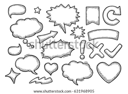 Set speech and thought bubbles. Isolated on white background. Vintage black vector engraving illustration for poster, info graphic, web.