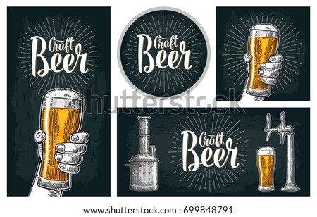 Set horizontal, vertical posters and coaster. Craft Beer lettering with rays. Isolated on the dark background. Vector color hand drawn vintage engraving illustration