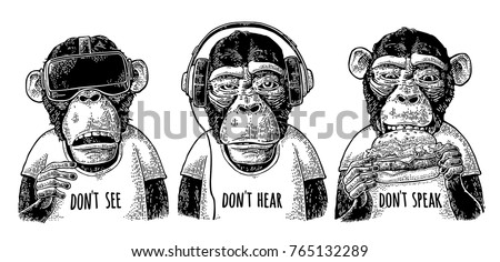 Three wise dressed monkeys with headphones, virtual reality headset and burger. Don't see, don't hear, don't speak handwriting lettering. Vintage black engraving illustration isolated on white