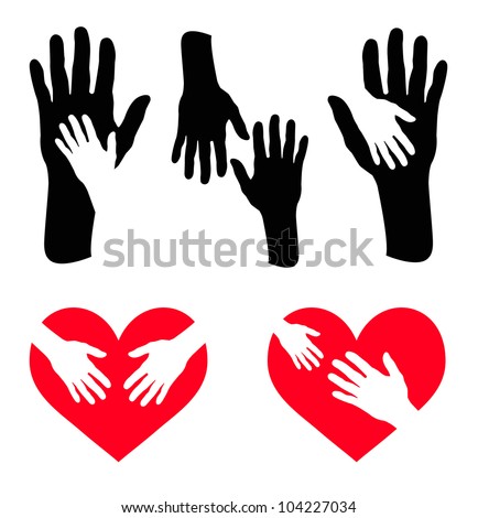 Set of caring hand and hand on red heart - Vector