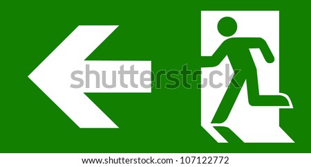 Green emergency exit sign on white