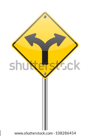 Fork in the road sign on white