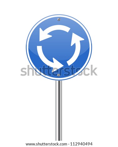 Roundabout crossroad road traffic sign on white