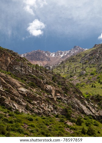 Vertical landscape mountains. Belagorka Gorge, Kyrgyzstan