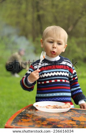 funny boy eats sausages on picnic
